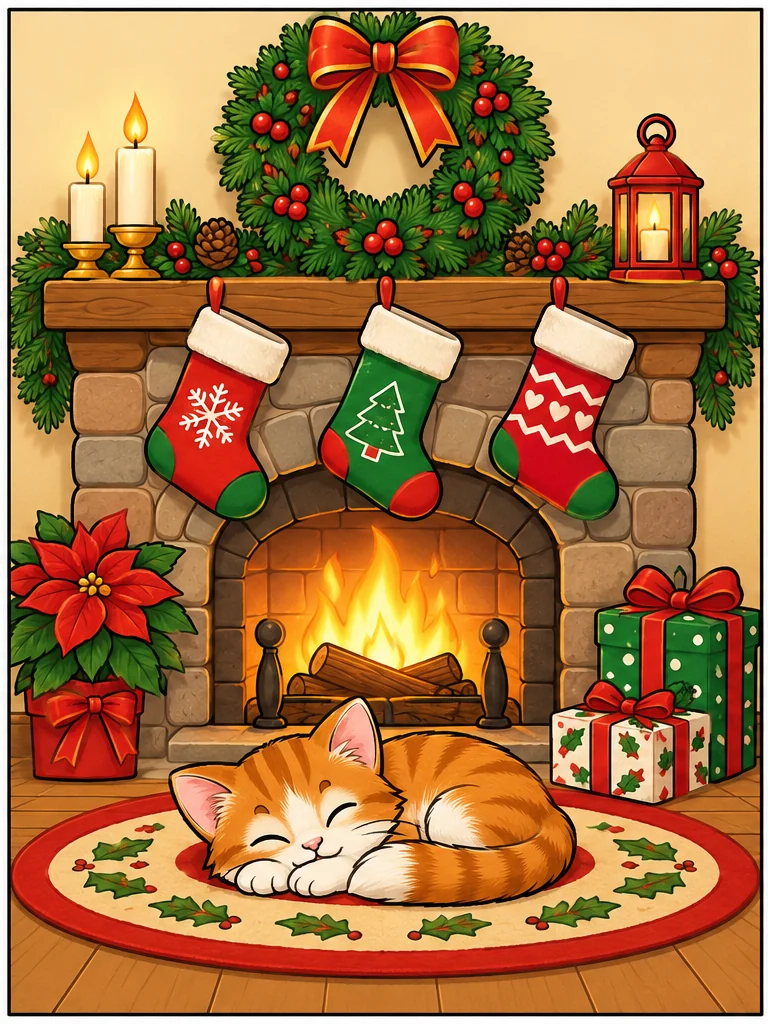 Colored Christmas fireplace and sleeping kitten
