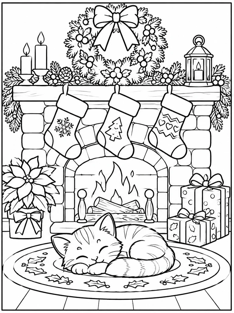 Christmas fireplace and kitten coloring page