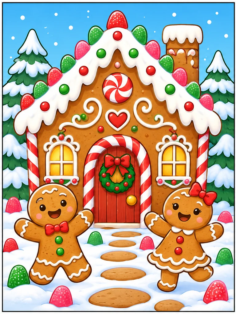 Colored gingerbread house and gingerbread children