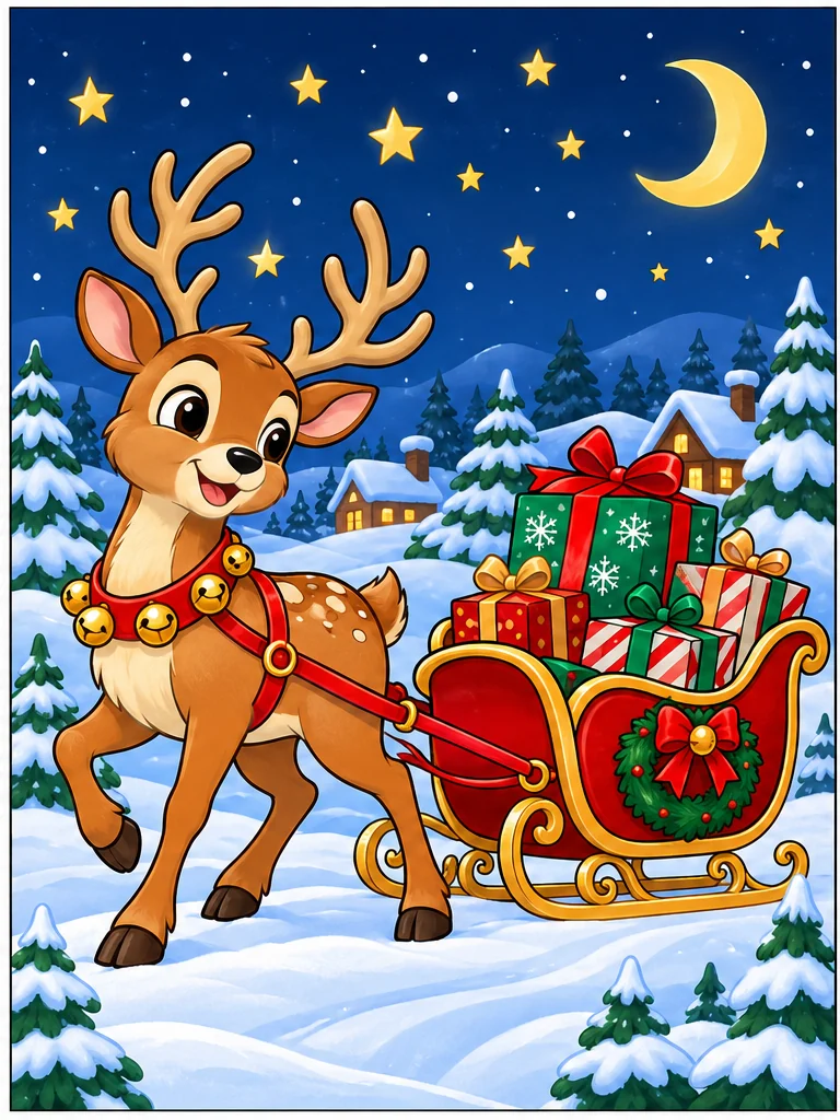 Colored reindeer pulling a Christmas sleigh