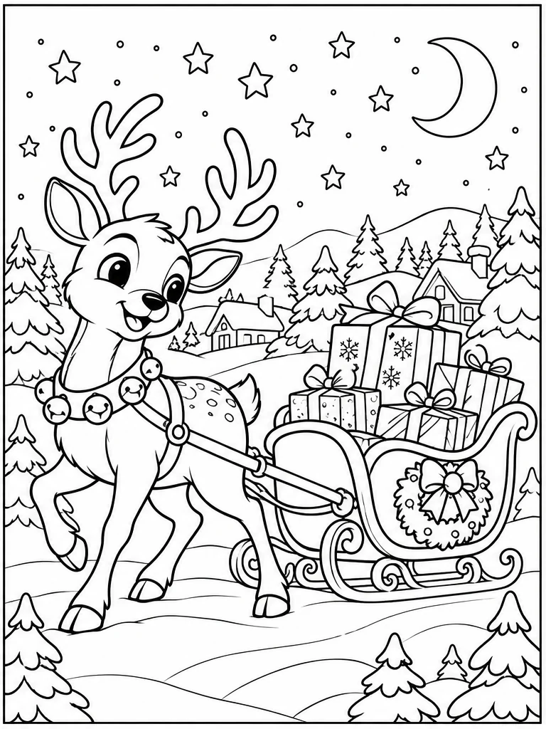 Reindeer and Christmas sleigh coloring page