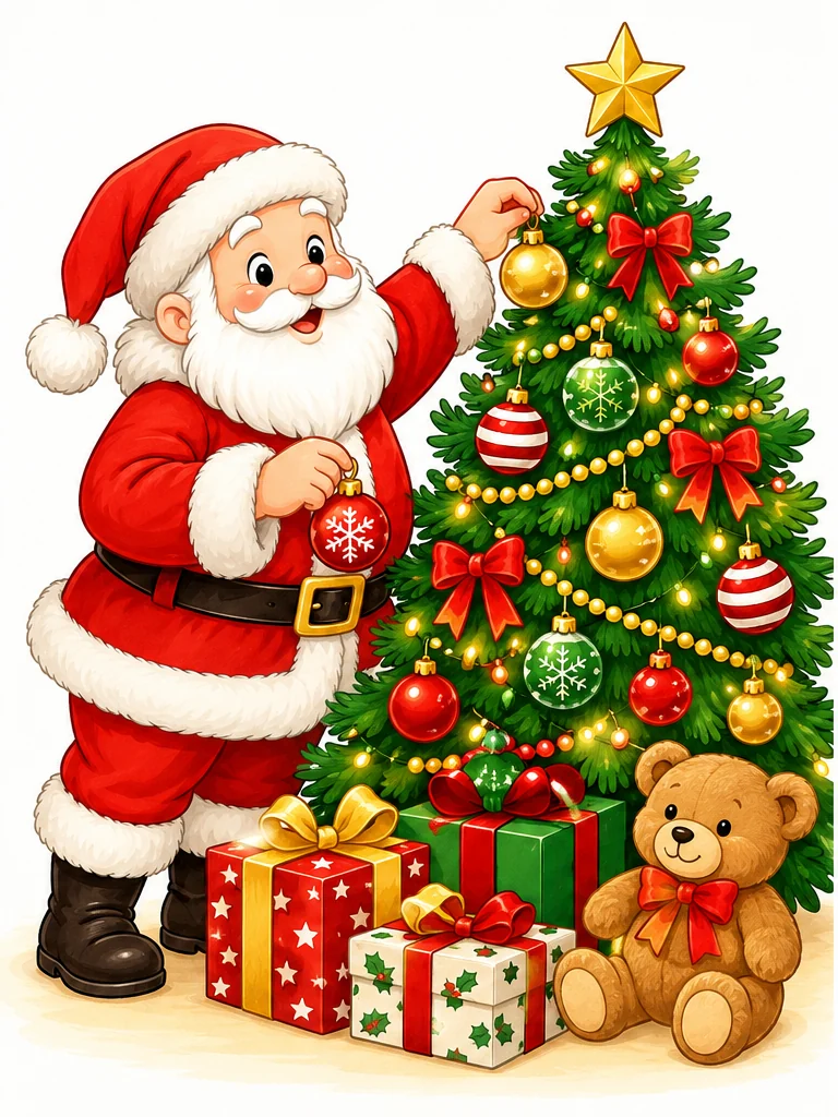 Colored Santa decorating a Christmas tree