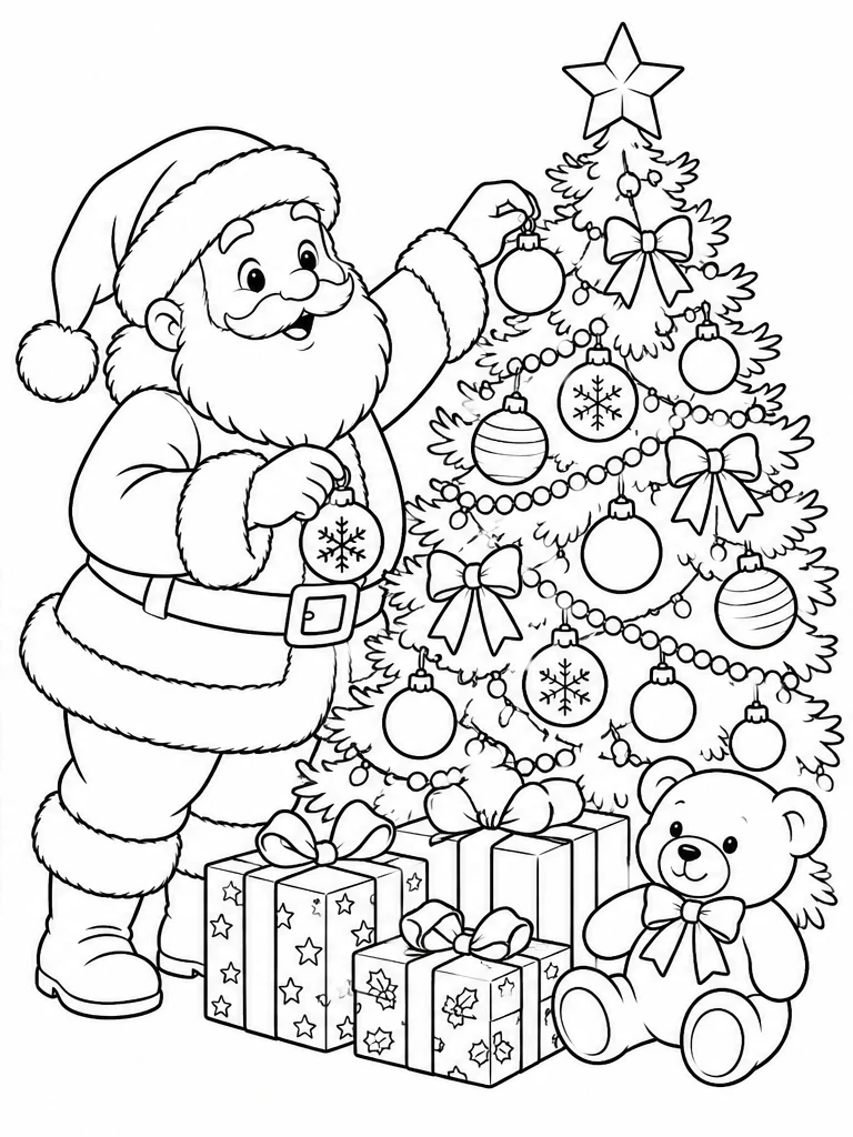 Santa decorating a Christmas tree coloring page