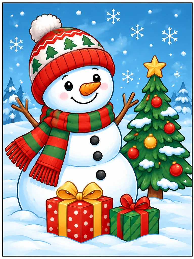 Colored snowman and Christmas tree
