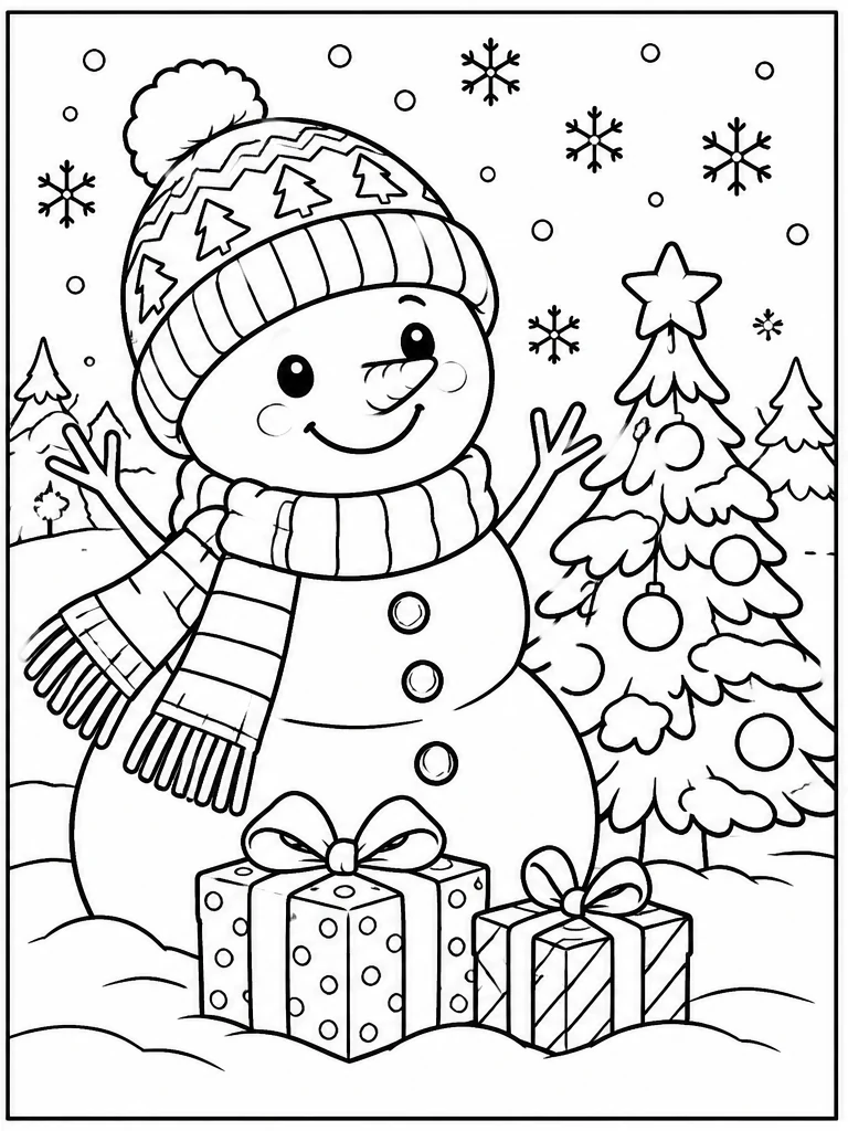 Snowman and Christmas tree coloring page
