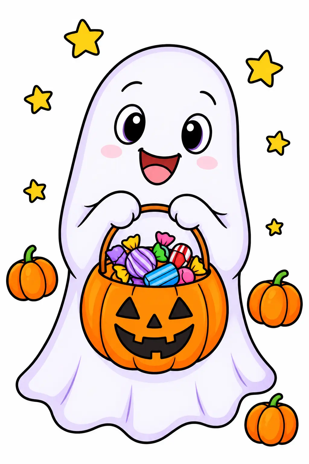 Colored example of a cute ghost with a Halloween candy bucket