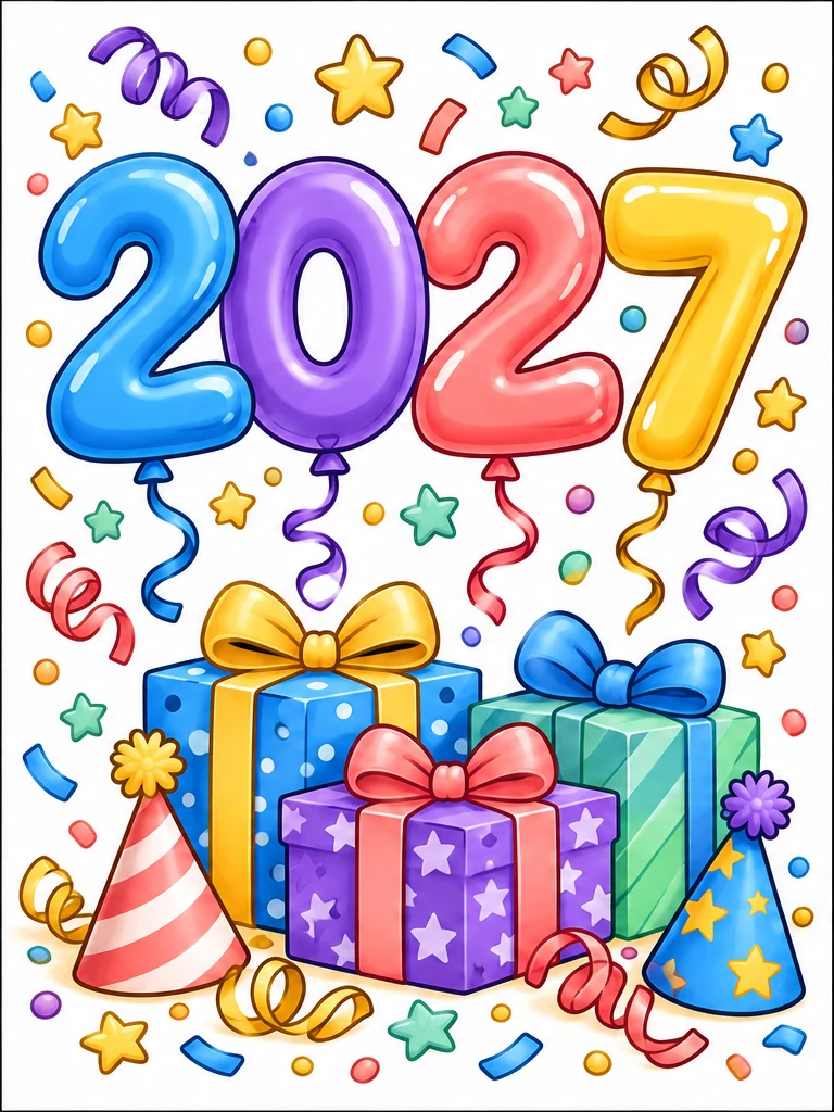 Colored 2027 balloon numbers with presents