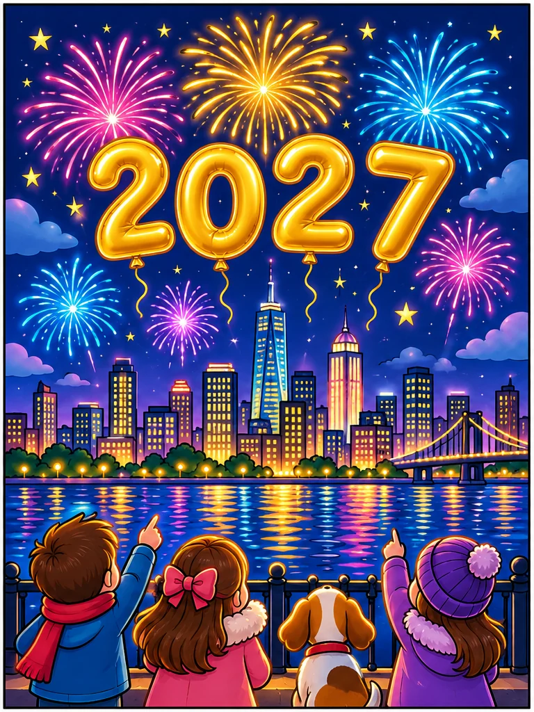 Colored city fireworks and 2027 balloons