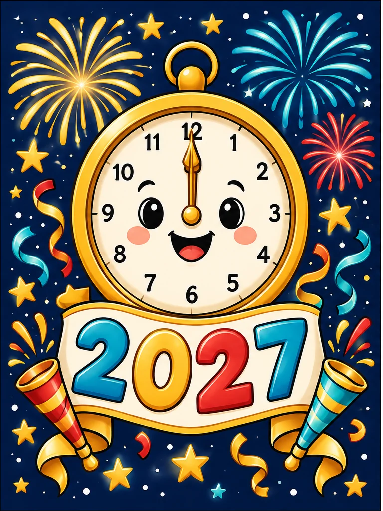 Colored midnight clock and 2027 fireworks