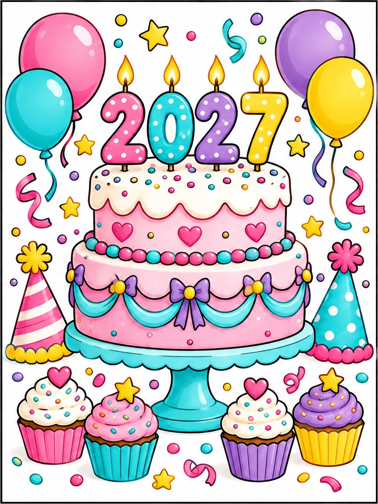 Colored New Year cake with 2027 candles