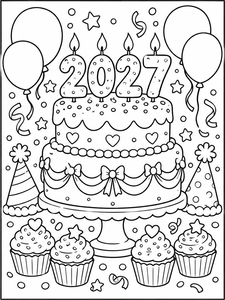 New Year cake 2027 coloring page