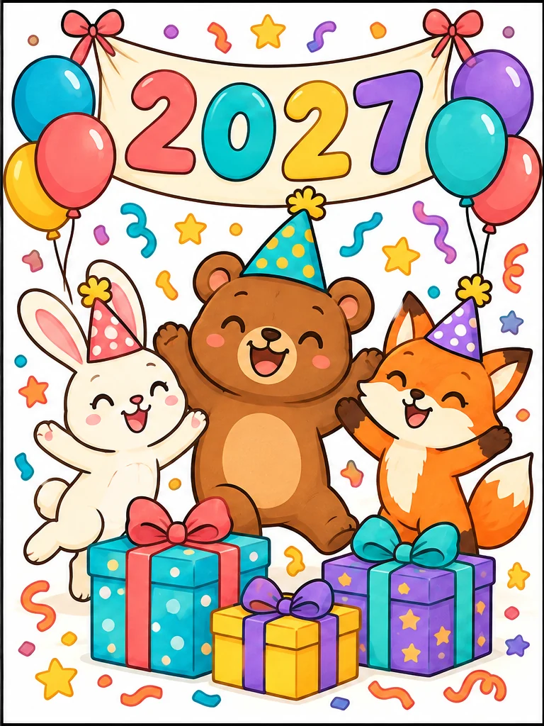 Colored party animals celebrating 2027