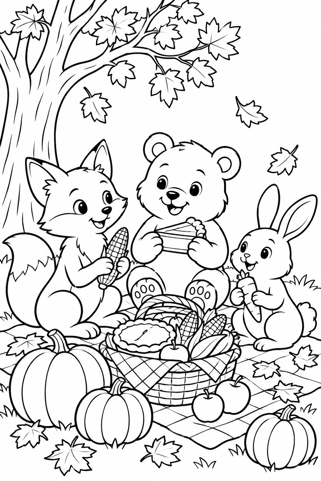 Blank forest animals Thanksgiving picnic coloring page