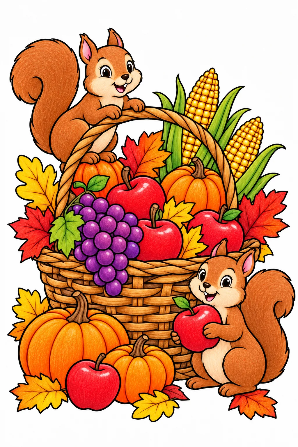 Colored Thanksgiving harvest basket with squirrels