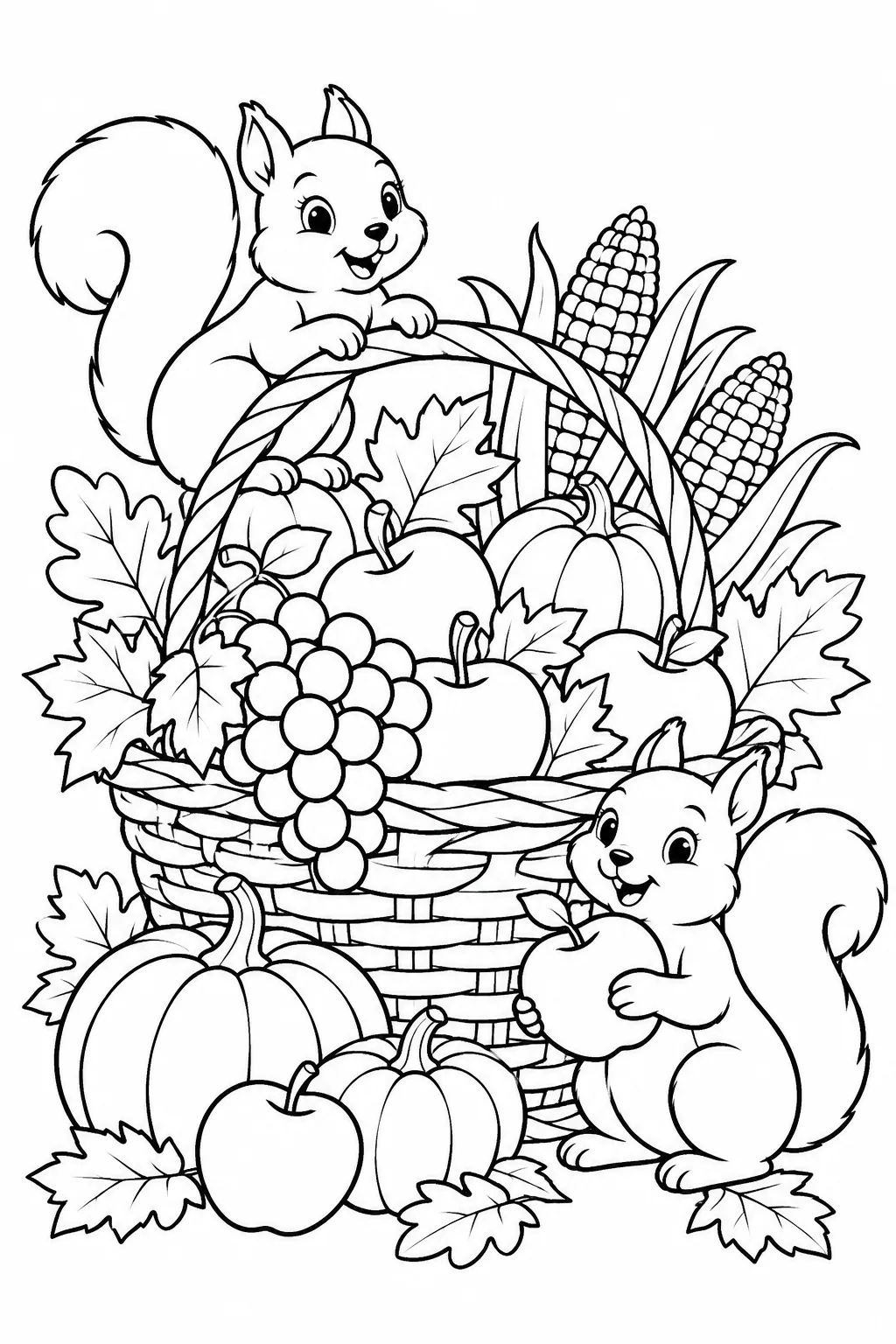 Blank harvest basket and squirrels coloring page