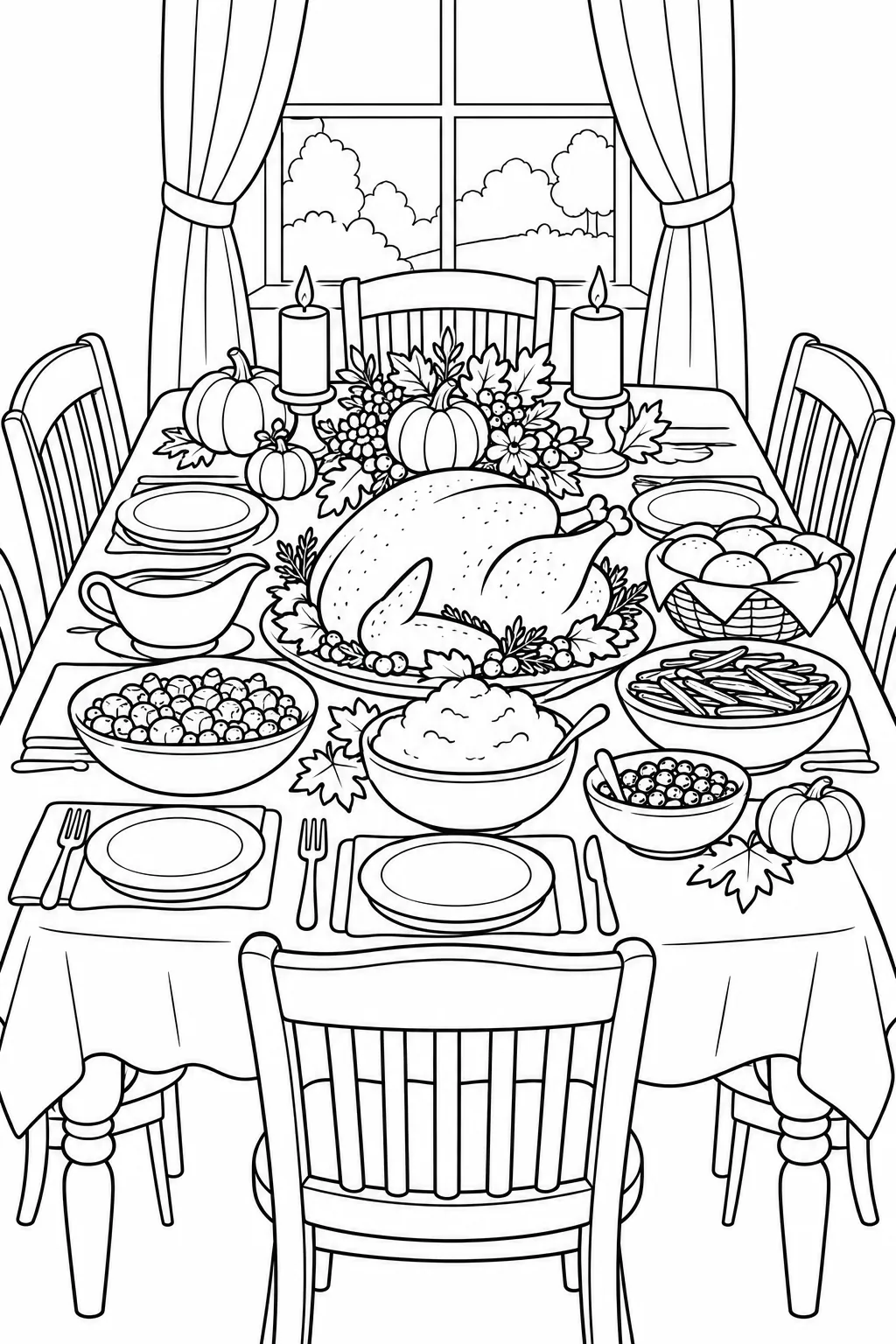 Blank Thanksgiving dinner table coloring page